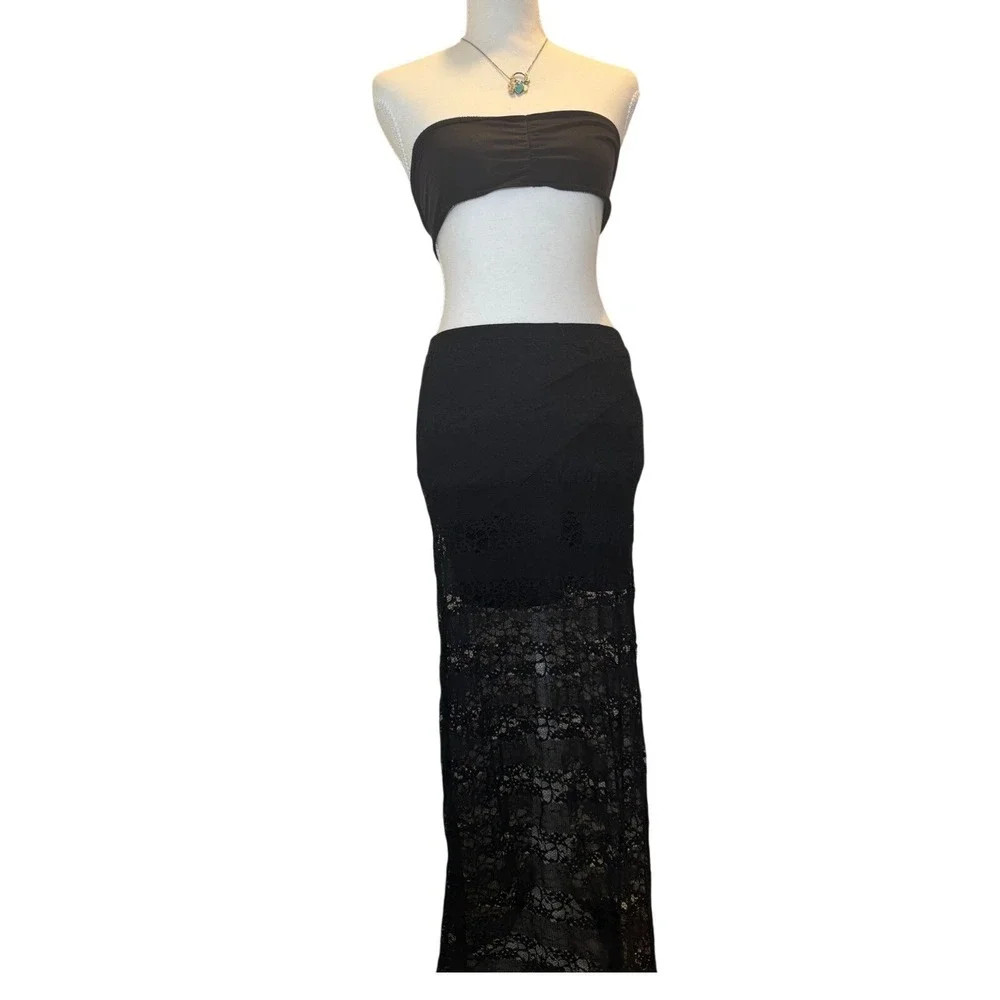 Lily White Black Lace Maxi Skirt Womens XS‎ Sheer Lace Boho Goth Festival